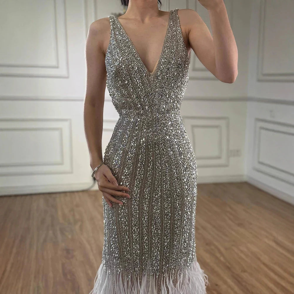Luxury Silver Feather Mermaid V-Neck Evening Dress LA60749