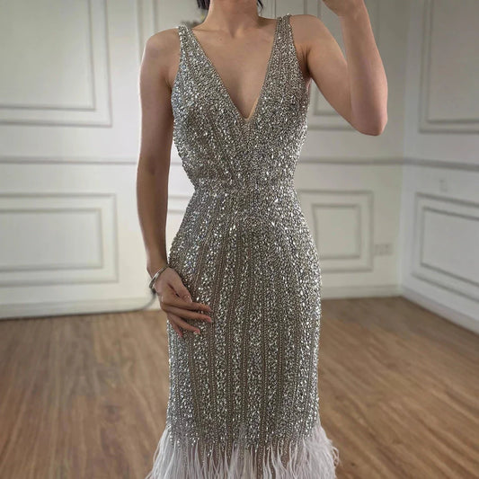 Luxury Silver Feather Mermaid V-Neck Evening Dress LA60749