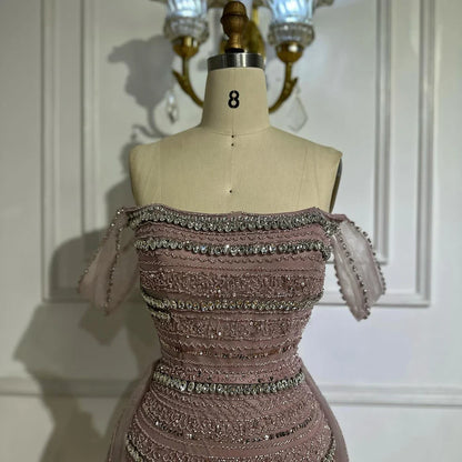 Luxury Pink Mermaid Beaded Evening Gown with Detachable Satin Overskirt LA72781