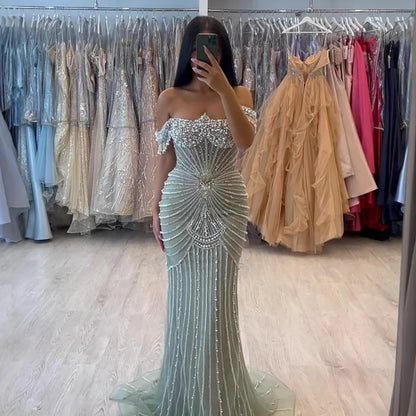 Luxury Sage Green Pearls Beaded Mermaid Evening Dress Off Shoulder LA73148