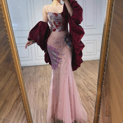 Luxury Designer Dreamy Pink Evening Dress With Cape Sleeves LA72850