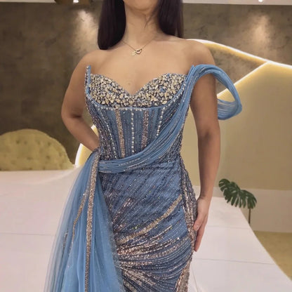 Luxury Blue Crystal Beaded One Shoulder Mermaid Evening Dress LA73425