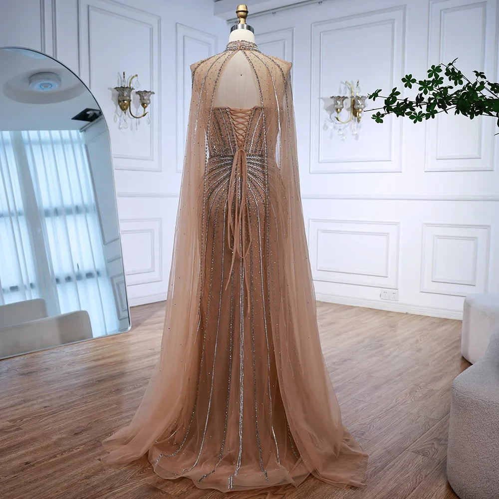 Nude Luxury Beaded Mermaid Evening Gown with Cape Sleeves LA72811A