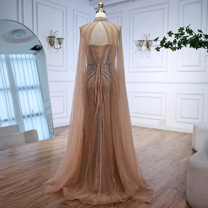 Nude Luxury Beaded Mermaid Evening Gown with Cape Sleeves LA72811A