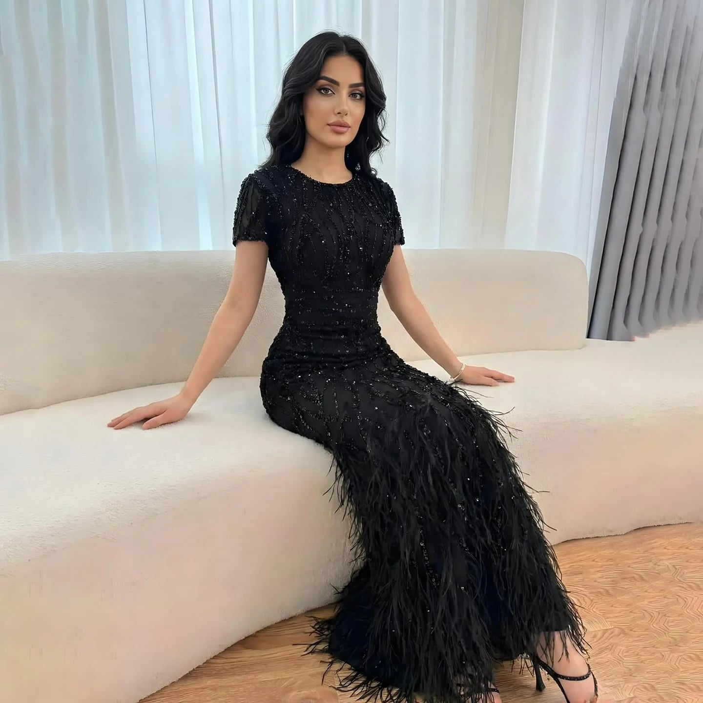 White Nude Ankle Length Beaded Evening Dress with Feathers LA72076A