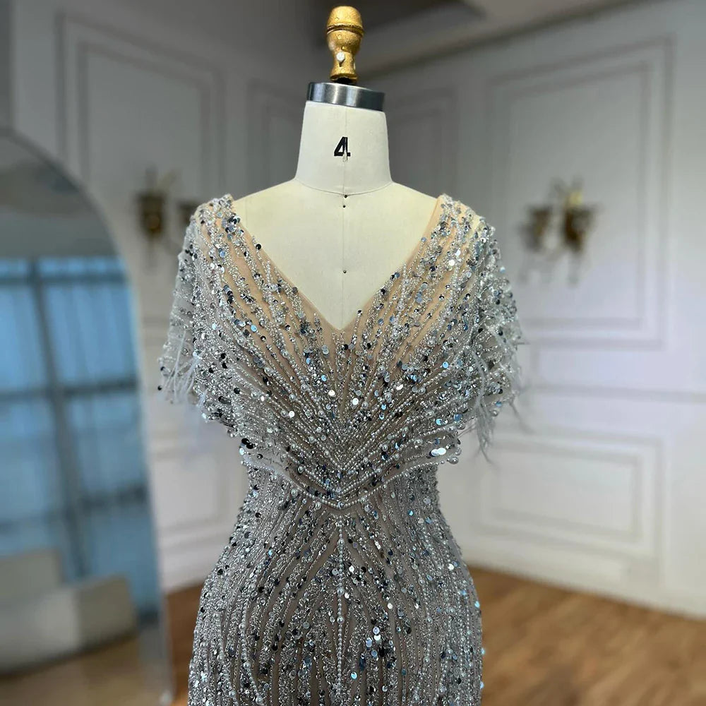 Luxury White Nude Beaded Feather Mermaid Evening DressLA72837
