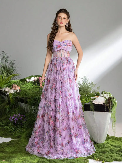 Pink A-Line Tulle Printed Ruffle Tiered Prom Dress LA73275