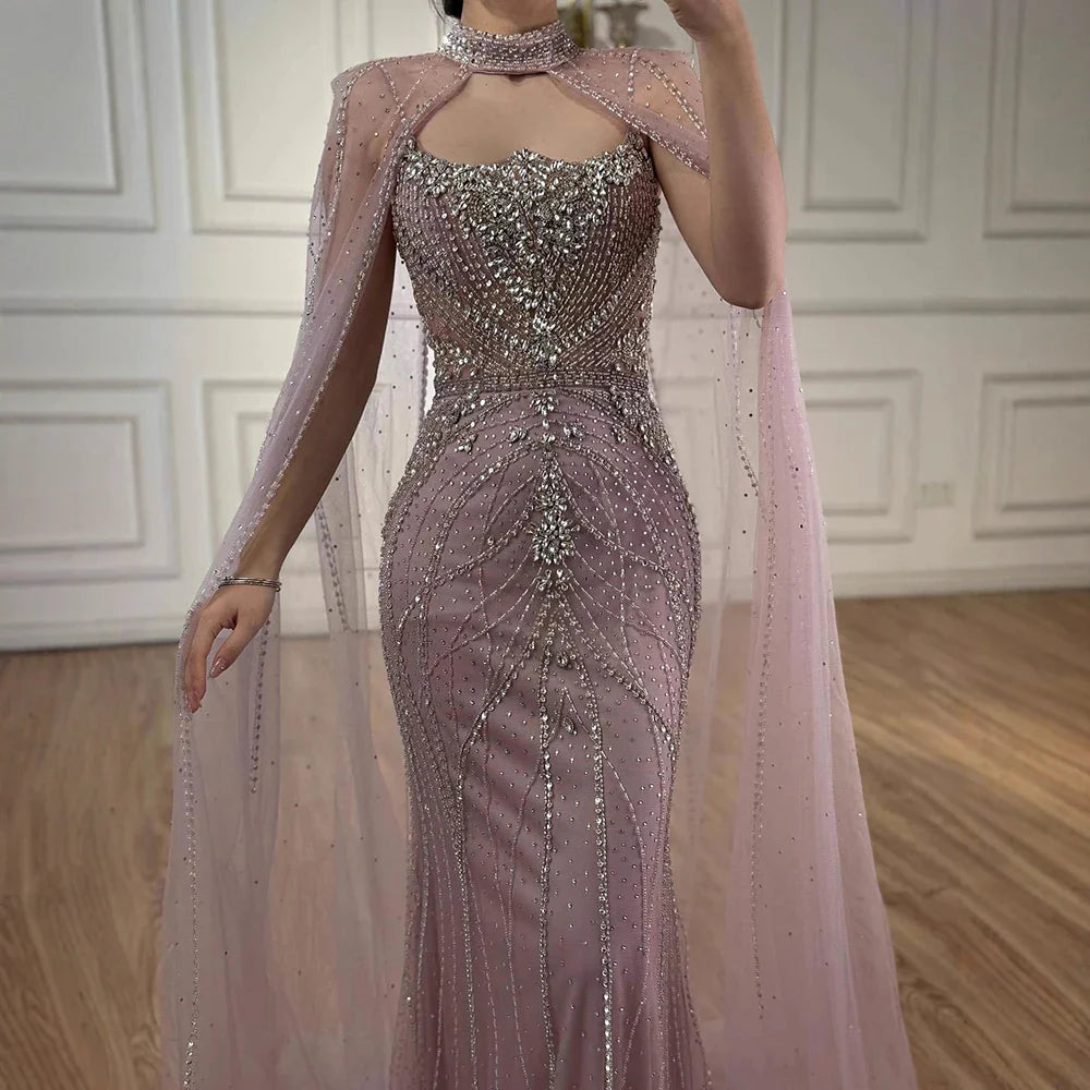 Luxury Dubai Nude Mermaid Evening Dress with Cape Sleeves LA73195