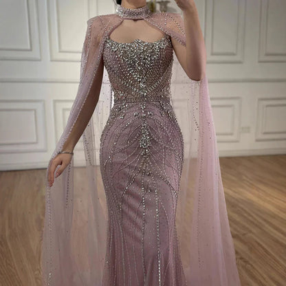 Luxury Dubai Nude Mermaid Evening Dress with Cape Sleeves LA73195