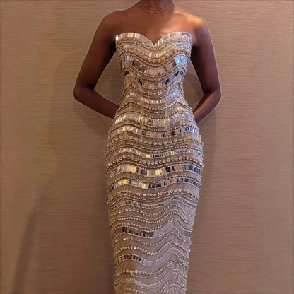 Luxury Silver Nude Beaded Mermaid Evening Dress LA73449