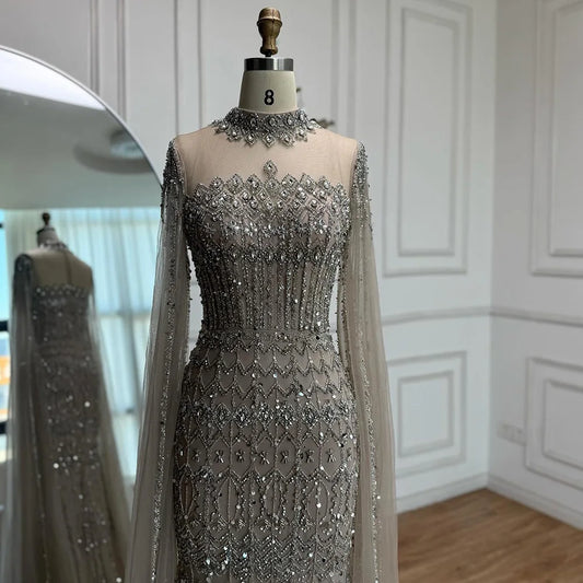 Luxury Nude Beaded Evening Dress with Long Cape Sleeves LA72714A
