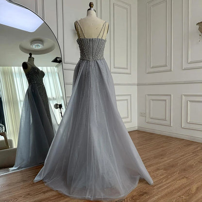 Luxury Nude Spaghetti Strap Mermaid Evening Dress with Overskirt Beaded LA73090