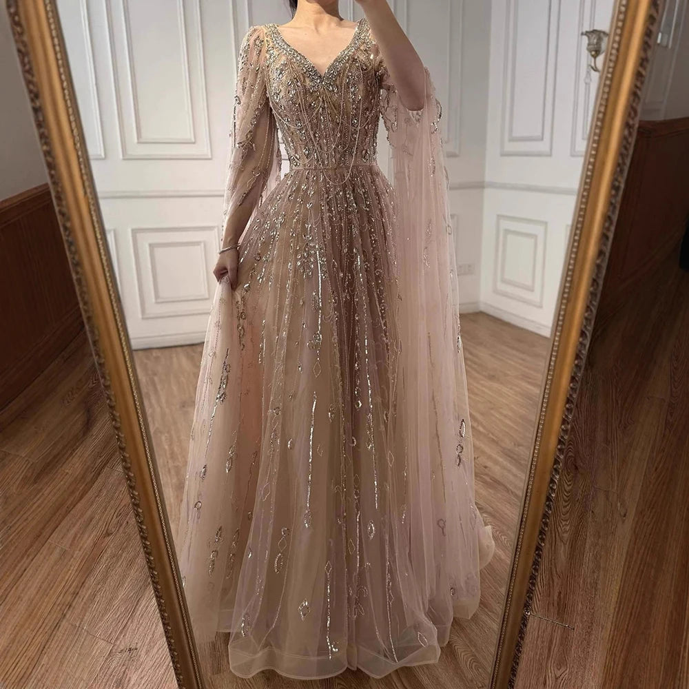 Luxury Nude Beaded Evening Dress with Cape Sleeves for Formal Occasion LA72764A