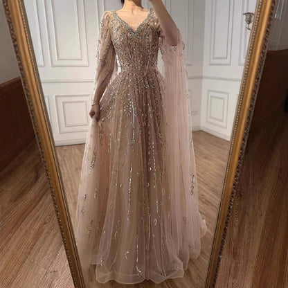 Luxury Nude Beaded Evening Dress with Cape Sleeves for Formal Occasion LA72764A