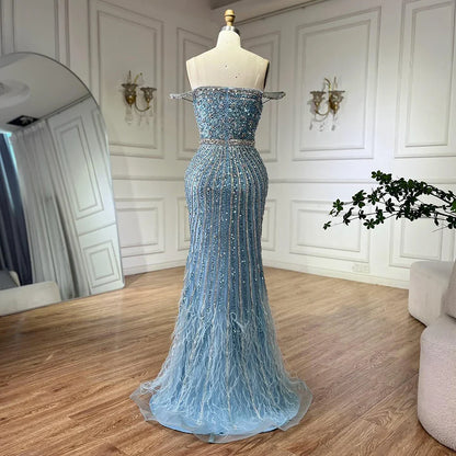 Luxury Dubai  Caramel Spaghetti Strap Mermaid Gown Feathers Beaded Luxury Saudi Evening Dress for Formal Occasion LA72715