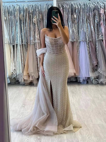 Luxury Evening Dress Nude BeadedSheath Gown With Tulle Train LA73388