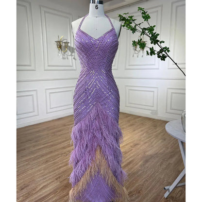 Lilac Feather Halter Mermaid Luxury Dubai Evening Dress LA72056