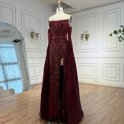 Luxury Wine Red Beaded Evening Dress Gown with Gloves and Overskirt LA72935