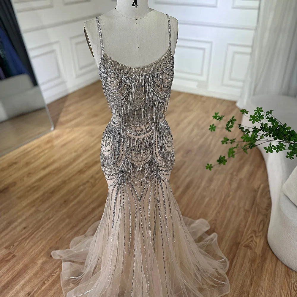 Luxury Dubai  Silver Nude Spaghetti Strap Mermaid Evening Dress Gown with Luxury Beaded Tassels for Formal Occasion LA72772