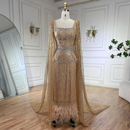 Bling Gray Mermaid Feather Arabic Midi  Evening Dress with Cape LA72334