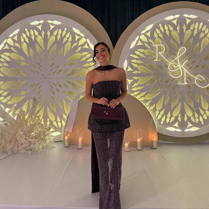 Elegant Arabic Designer Purple Two Pieces Evening Dress for Wedding Guest LA73219