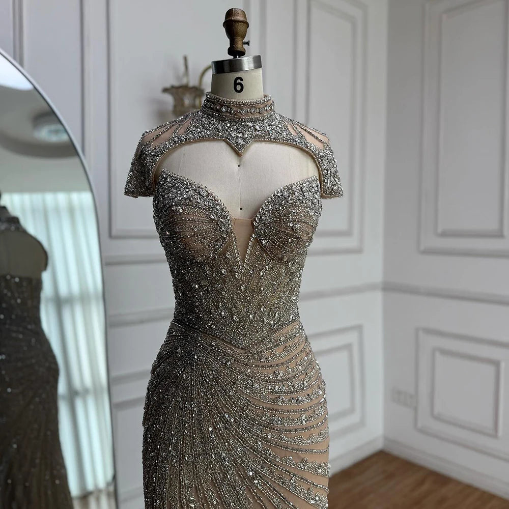 Nude Mermaid Evening Dress with Detachable Beaded High Neck LA73087
