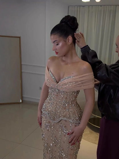 Luxury Nude Beaded Mermaid Evening Dress LA73336