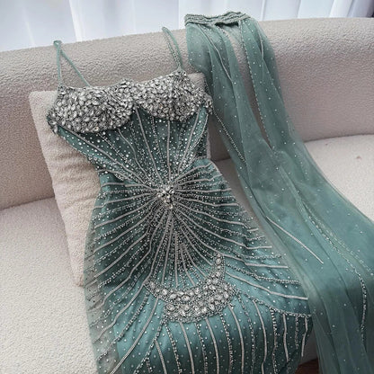 Luxury Turquoise Crystal Beaded Evening Dress with Cape LA73202