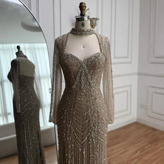 Caramel Beaded Mermaid Evening Dress with Long Sleeves LA72560B