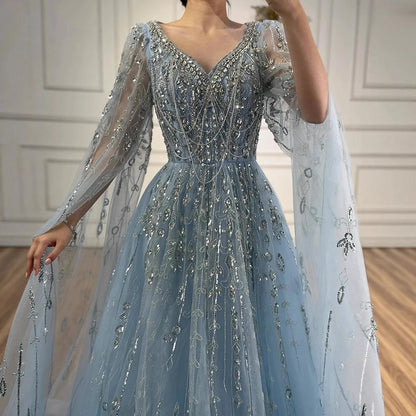 Luxury Nude Beaded Evening Dress with Cape Sleeves for Formal Occasion LA72764A