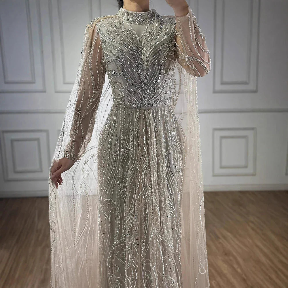 Luxury Sliver Hijab Modest Muslim Beaded Evening Dress LA73215