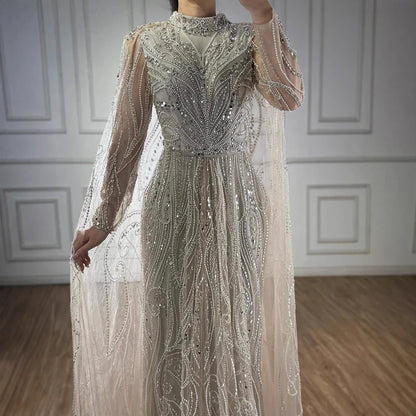 Luxury Sliver Hijab Modest Muslim Beaded Evening Dress LA73215