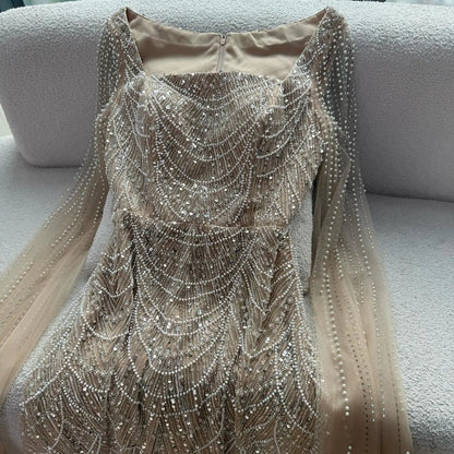 Luxury Dubai Nude Modest Muslin A-Line Evening Dress Plus Size LA72590B