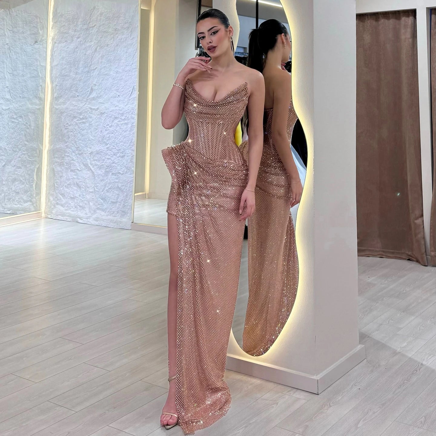 Luxury Rose Gold Saudi Arabic Beaded High Split Evening Dress LA72807B