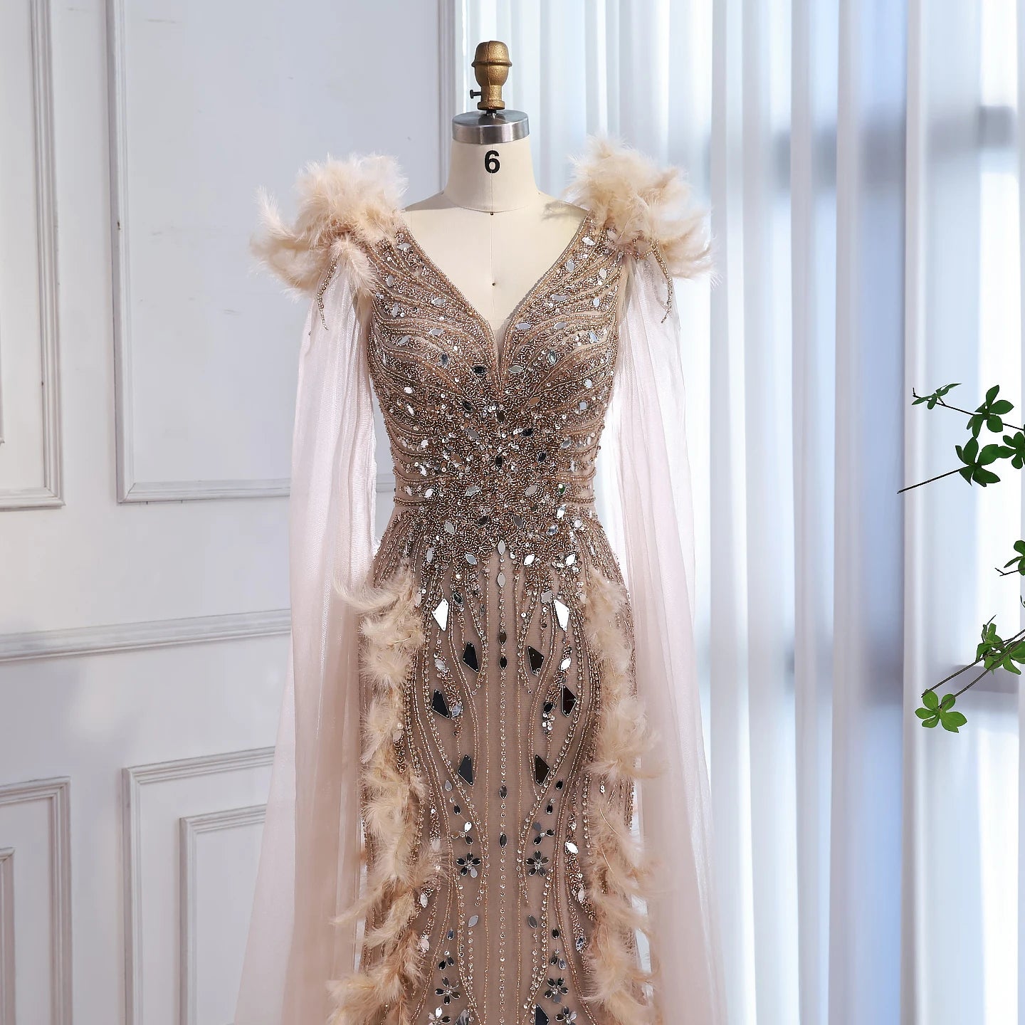 Luxury Caramel Feather Mirror Beaded Mermaid Evening Dress With Cape LA73328
