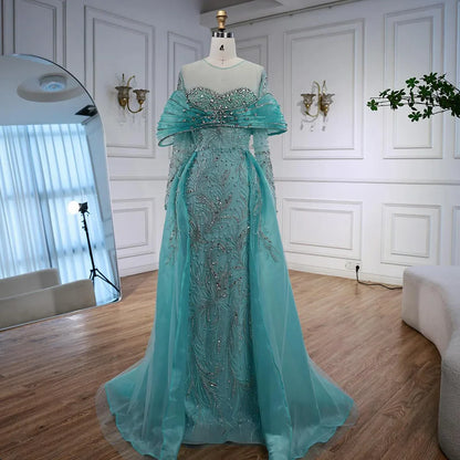 Luxury Blue Designer Evening Dress with Long Sleeves Overskirt LA72841