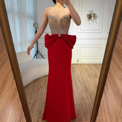 Designer Red Satin Evening Dress with Bow LA73060