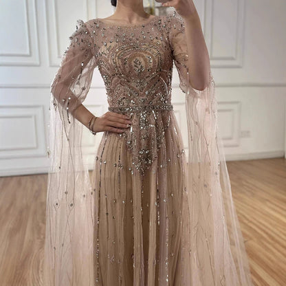 Luxury Designer Blue Beaded Stone Arabic Evening Dress With Cape Sleeve  LA72635