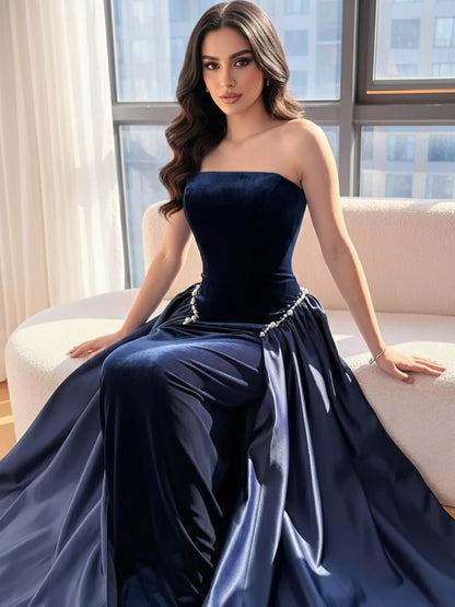 Luxury Navy Blue Mermaid Pearls Evening Dress Gowns With Skirt LA73351