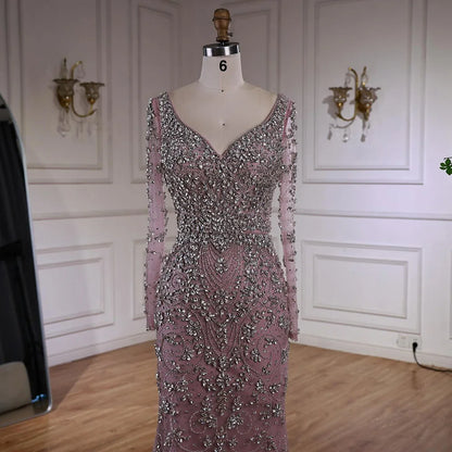 Luxury Nude Beaded Crystal Evening Dress with Long Sleeves LA73042