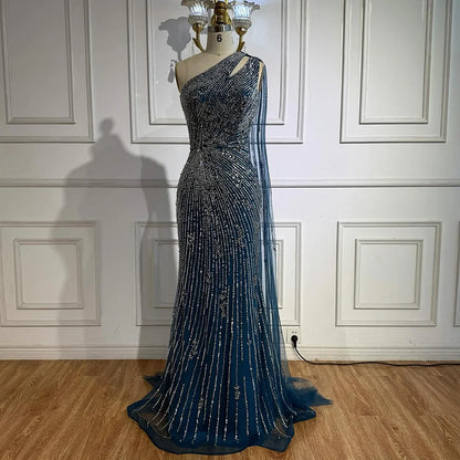 Luxury Black One Shoulder Mermaid Evening Dress with High Slit LA72829