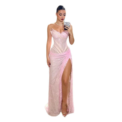 Luxury Pink Saudi Arabic Lace Embroidery Evening Dress LA73373