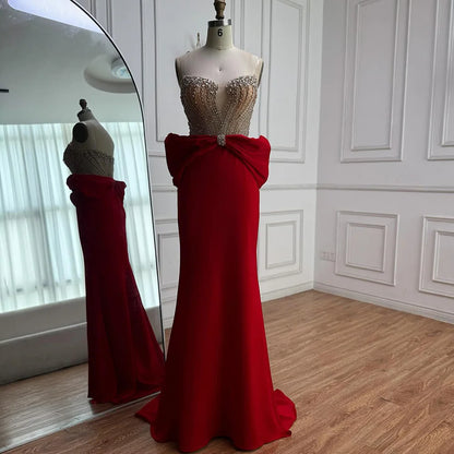 Designer Red Satin Evening Dress with Bow LA73060