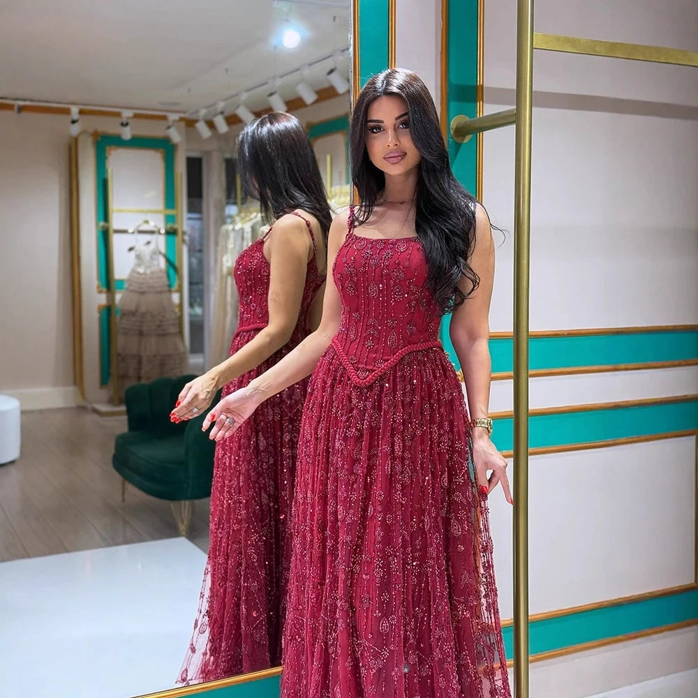 Luxury Sage Green Beaded A-Line Spaghetti Strap Evening Dress LA72805