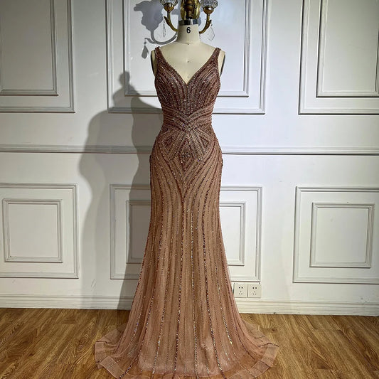 V Neck Beaded Sleeveless Mermaid Evening Dress LA73013