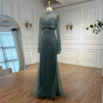 Luxury Turquoise Two Pieces Beaded Mermaid Evening Dress with Detachable Top LA73095