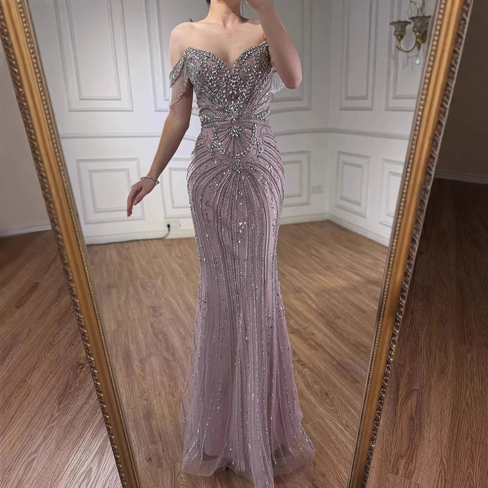 Luxury Pink Crystal Tassel Off Shoulder Evening Dress Dubai LA73204