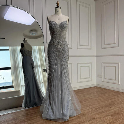 Luxury Nude Beaded Mermaid Evening Dress with Overskirt LA73182