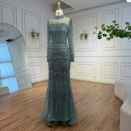 Luxury Arabic Turquoise Beaded Mermaid Evening Dress Long Sleeve LA72714C