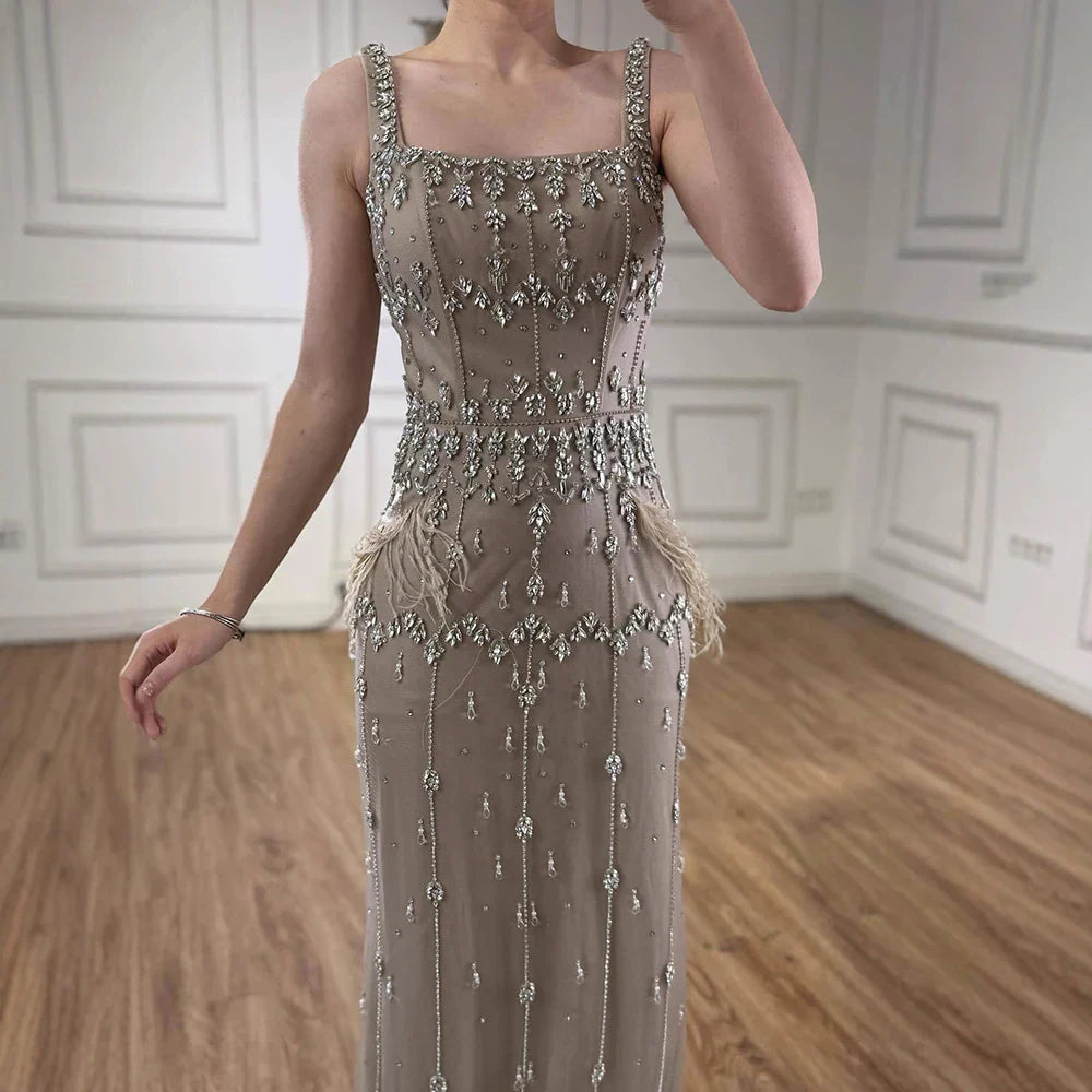 Luxury Caramel Beaded Mermaid Evening Dress with Feathers LA71492B
